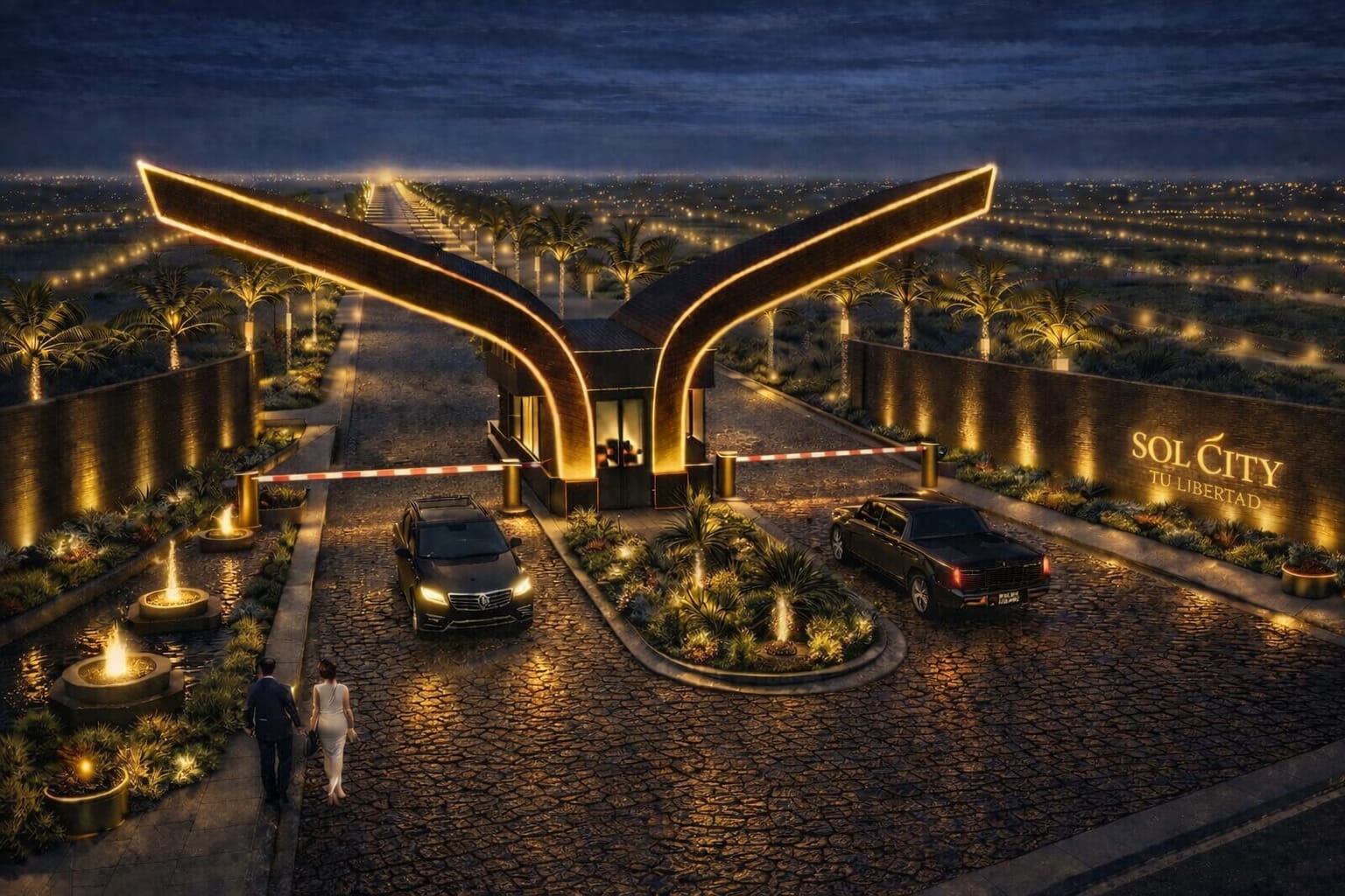Portón de acceso a Sol City de noche
